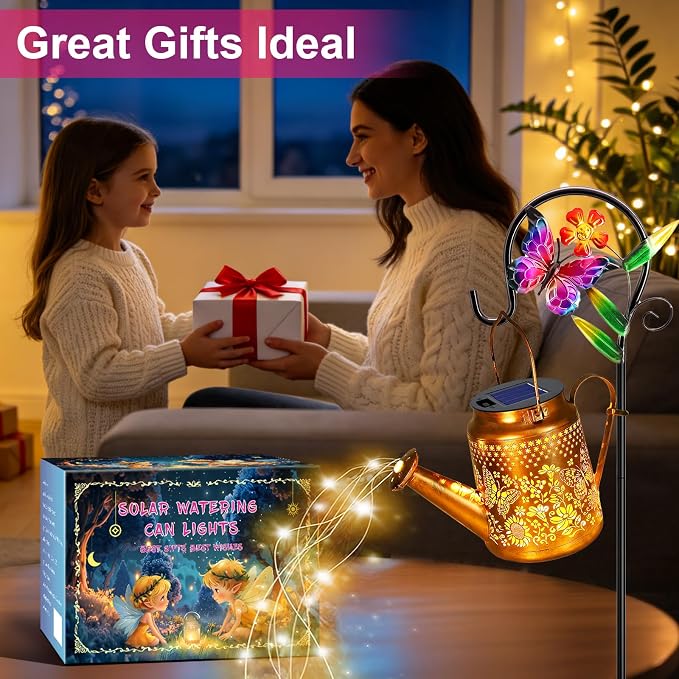 VOOKRY Solar Lights Outdoor Waterproof, Butterfly Retro Metal Solar Watering Can Lights, Gifts for Women Mom Grandma Birthday, Hanging Lantern Decorative Garden Decor for Outside Yard Lawn Patio