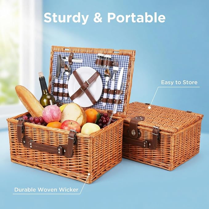 Multifunctional Wicker Picnic Basket Set for 4 Blanket Family Folding Wine Table,Insulated Portable Extra Big Storage Capacity Woven Rattan Canasta De Full Tablewares Camping Outdoor Flowers Blue