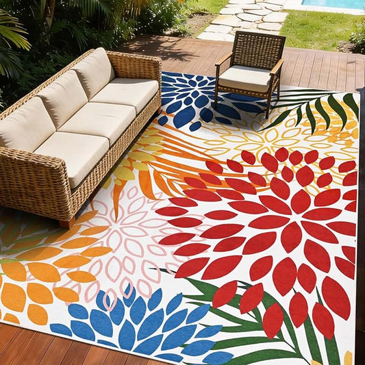 Yinhua Dahlia Floral Outdoor Rug 8x10 Colorful Indoor Outdoor Rugs Washable Patio Rug Non Slip Large Flower Area Rug Low Pile Outdoor Carpet for Patio, Deck, Porch, Balcony, Camping, Red and Blue