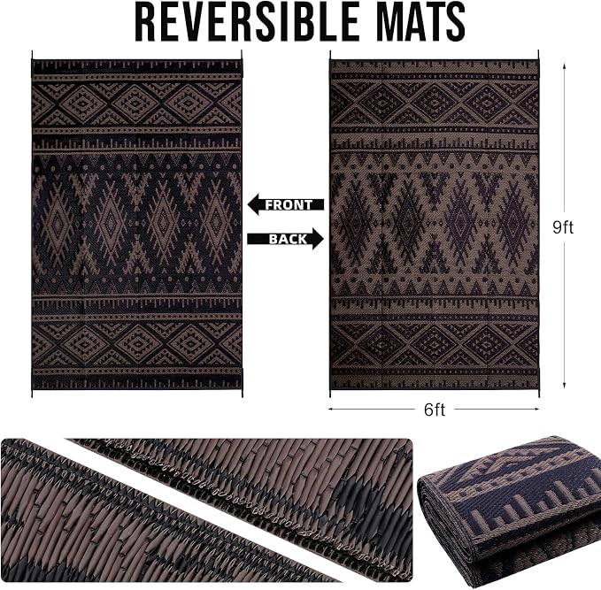OLANLY Outdoor Rug Waterproof 6x9 ft, Reversible Outdoor Plastic Straw Rug, Boho Patio Rug, Indoor Outdoor Carpet, RV Mat Outside for Patio, Camp, Picnic, Balcony, Deck, Backyard, Black & Brown