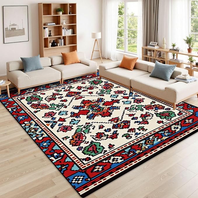 9x12 Area Rugs for Living Room Colorful Oriental Mosaic Traditional Geometric Ornament Floral Motifs Washable Large Area Rug for Bedroom Non Slip Outdoor Carpets Soft Mats Kitchen Home Office Decor