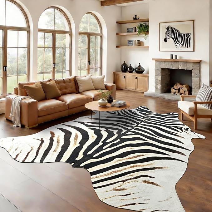 BENRON Zebra Rug, Animal Print Rug for Living Room Bedroom 6.2x7ft | Western Faux Zebra Print Rug, Animal Skin Carpets, Non-Slip Throw Rug for Home Decor, Black and Brown, Ivory