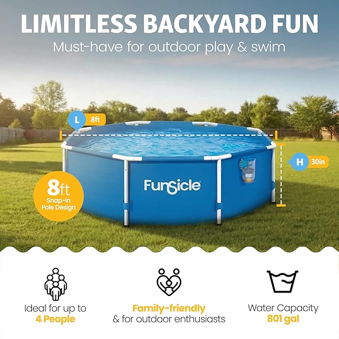 Funsicle Activity 8'x30 Above Ground Swimming Pool with Pump, Blue | Round Swimming Pool includes FiltraBoost 400 GPH Filter Pump With AutoSkimmer, Type I Filter Cartridge & Repair Patch