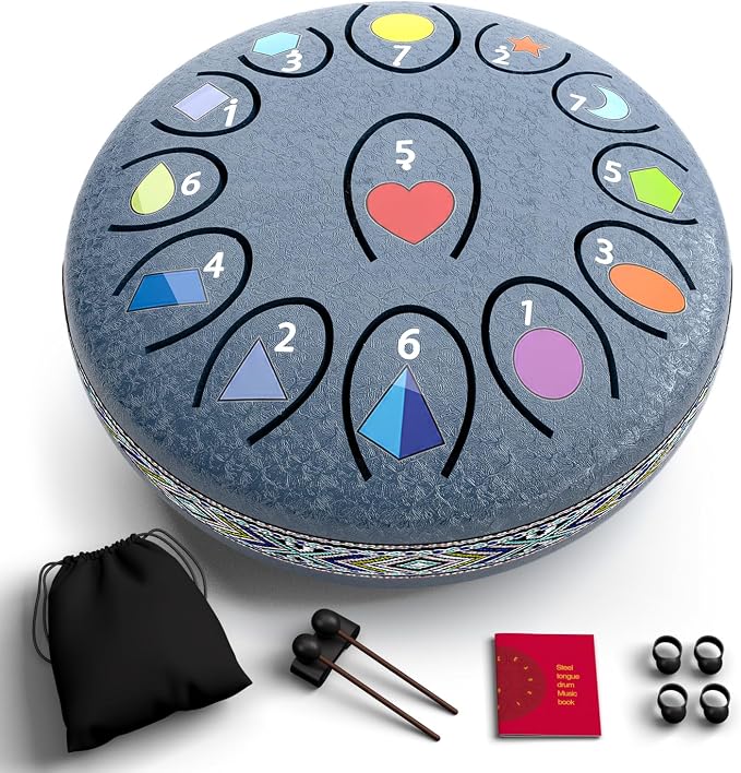 REGIS Rain Drum for Outside Garden, 6.8 Inches 13 Notes Steel Tongue Drum, Waterproof Meditation Rain Chime, UV-Printed Notes & Geometric Design, with Bag, Mallets & Music Book(Navy)