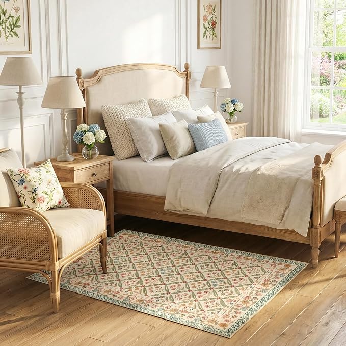 jinchan Vintage Floral 3x5 Washable Entryway Accent Area Rug, Teal Blue | Soft & Lightweight, Checkered Floral, Low Pile, Non Slip, Entrance, Kitchen, Bedside, Girls Dorm, Cottage Decor