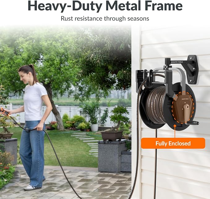 Giraffe Tools Garden Hose Reel Wall Mount, 125FT 5/8" Hose Capacity, Heavy Duty Water Hose Reel, Hose Guide Pre-Installed with Crank, 210° Swivel, for Yard Lawn Garage