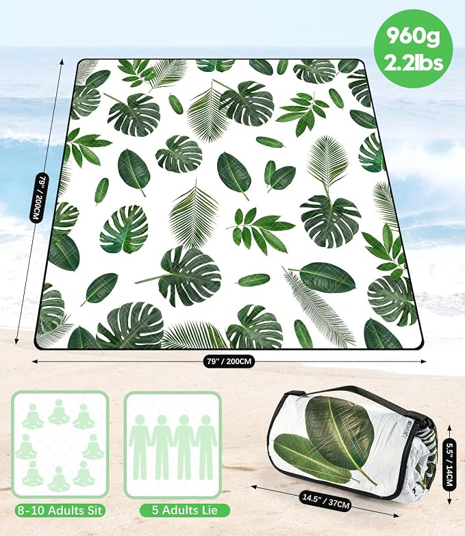 DEWUR Picnic Blankets 79"x79" Extra Large Outdoor Blanket Beach Blanket Waterproof SandProof Picnic Mat Washable Foldable Portable for Grass Lawn Beach Camping (Green Leaves)