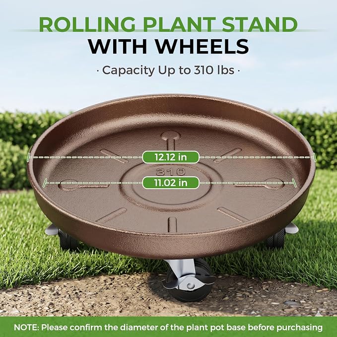 Plant Saucer 12" Rolling Plant Caddy Rolling Plant Stand with Wheels – Heavy Duty Metal, Locking, Sturdy, Rust-Resistant Finish, and Easy to Move, 310 lb Capacity