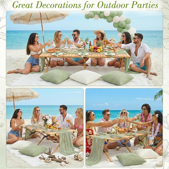 91 x 71 Extra Large Outdoor Boho White Picnic Blanket with Green Table Runner, 6 Napkins and 6 Throw Pillow Covers Table Decor for Beach Picnic Camp Wedding Party Birthday Baby Shower