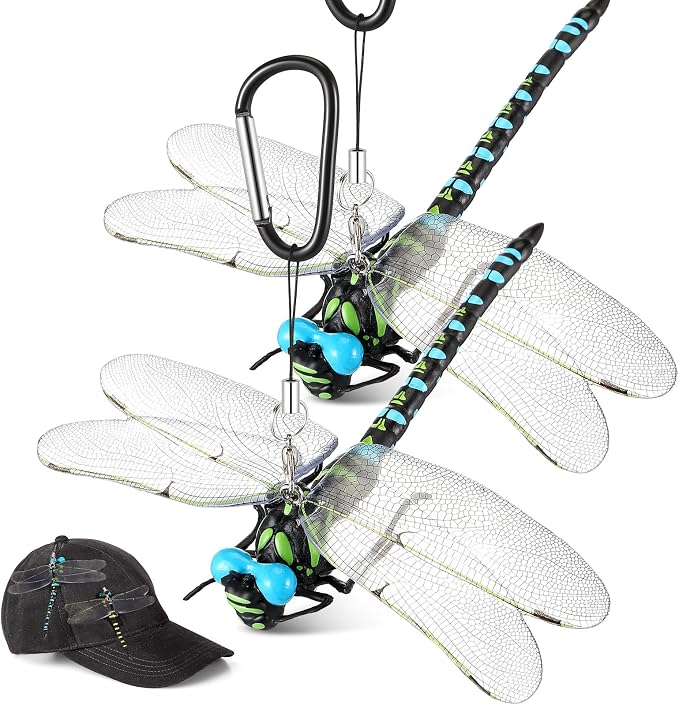 Qualirey 2pcs Dragonfly Hat Clip Realistic Simulated Dragonfly with Hook Clip Attach to Backpack Hat for Indoor Yard Garden Plant Decor (Blue)