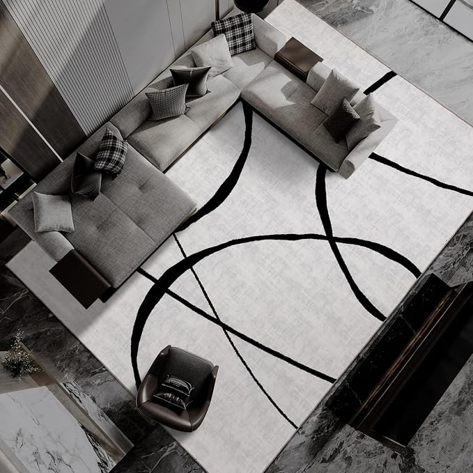 9x12 Washable Modern Abstract Black White Area Rug | Ultra-Thin Low Pile, Non-Slip TPE Backing, Soft Stain Resistant, Machine Washable, for Hallway Entryway Laundry High Traffic