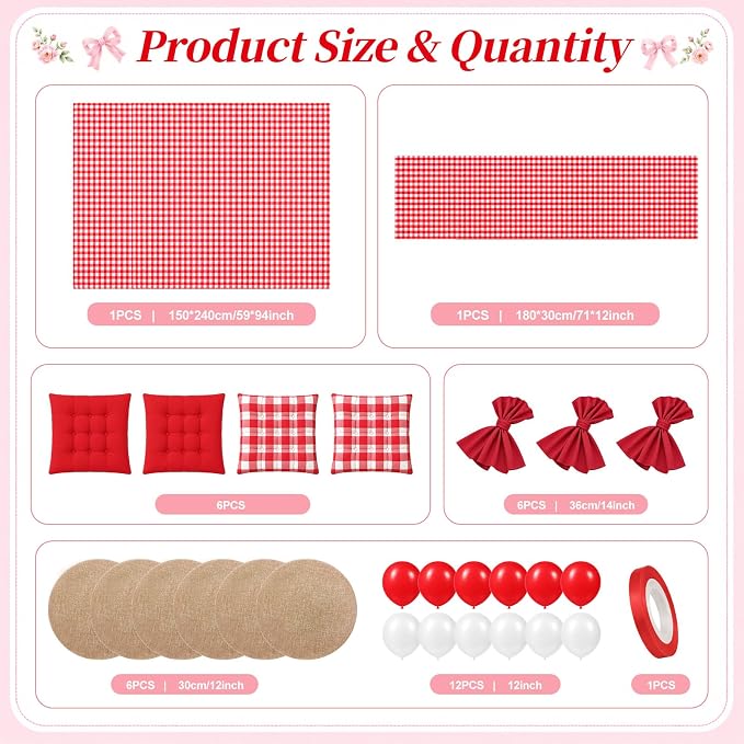 Cinrobiye Boho Picnic Party Set for Outdoor, Aesthetic Picnic Setup with Large Picnic Blanket, Floor Cushions, Table Runner, Napkins, Balloons for Wedding, Bridal Shower, Birthday(Red)