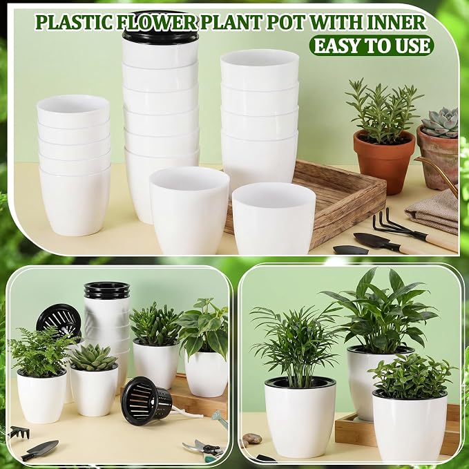 18 Pcs Self Watering Pots, 3.5 Inch Plastic Flower Plant Pot with Inner Pot Self Watering Wick Planter White Flower Pots for Indoor House Plants Herbs, Flowers, Succulents(White Black)