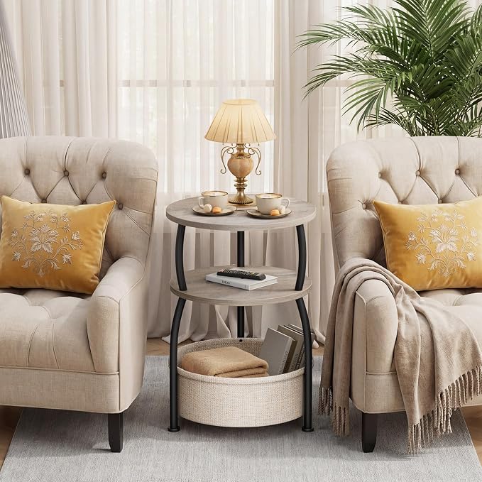 Round Side Table with Storage Basket, End Table Living Room, Greige | Round End Table, Small Bedside Table for Bedroom, 3 Tiers, Sofa Couch Side Table, Linen Storage, Greige 15.75in