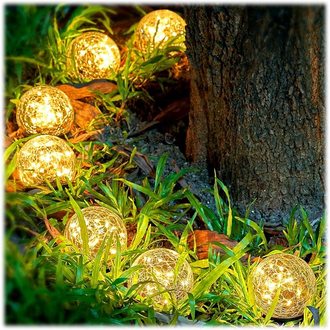 Honoson 3.9 Inch Solar Globe Lights Outdoor - Waterproof Cracked Glass Balls for Lawn Patio Yard Backyard Decorations, Warm Yellow Solar LED Lights with Easy Installation,Durable Design (12 Pcs)