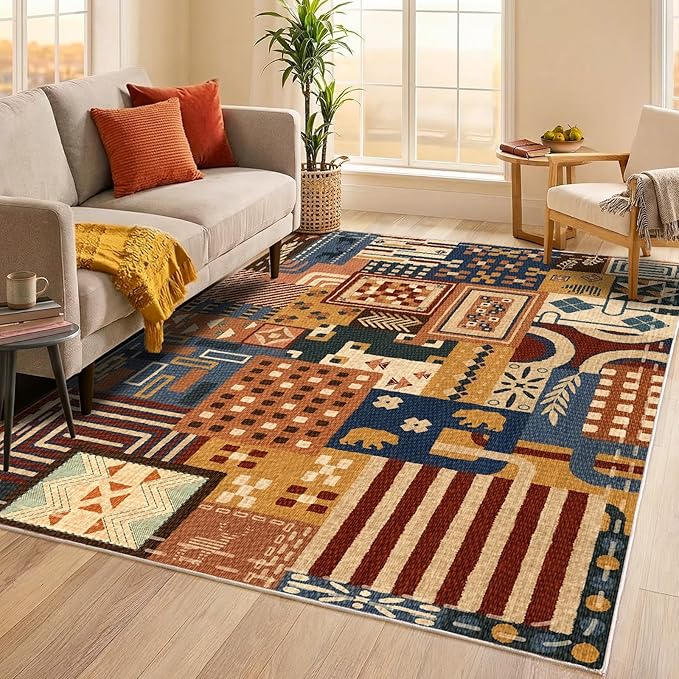 4x6 Area Rug for Bedroom, Washable Navy Blue Animal Patchwork Design | Soft Faux Wool Low-Pile Rug with Non-Slip TPR Backing for Bedroom, Entryway and Home Office; Lightweight Easy-Care Design