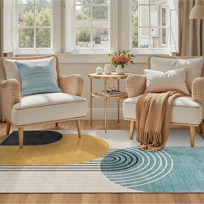 DCX Abstract Washable 9x12 Rug, Non Slip Low Pile Rug, Blue & Yellow | Rugs for living room, bedroom, dining room, office, soft, mid century modern rug, sain resistant indoor carpet, home decor