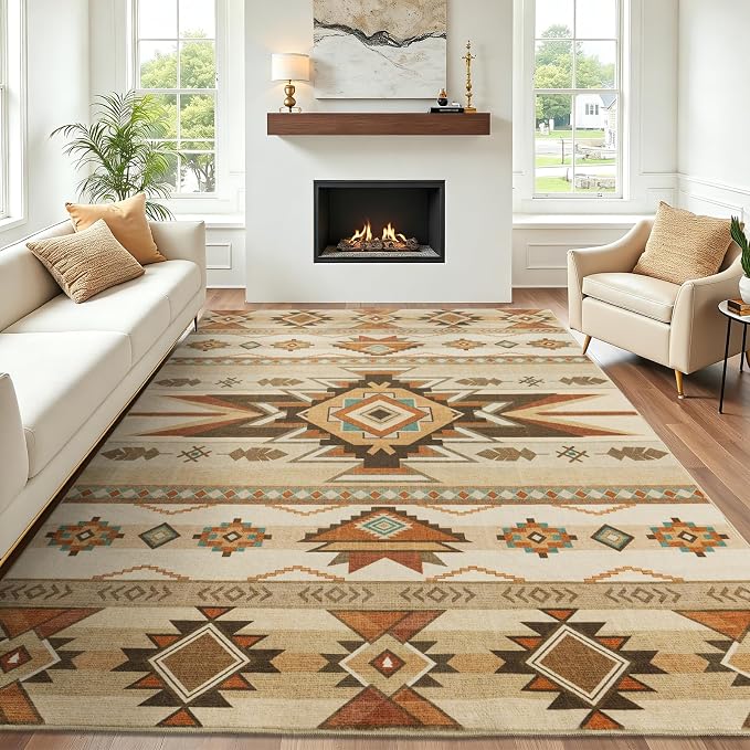 8x10 Western Rustic Aztec Area Rug for Living Room Bedroom Dining Room | Southwestern Tribal Beige Low Pile Faux Wool Rug, Machine Washable Non-Slip Large Carpet for Living Room Dining Bedroom