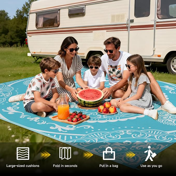 Pauwer Waterproof Outdoor Rug 8x10, Reversible Plastic Straw Patio Camping Rug, Indoor Outdoor RV Mat Carpet for Deck, Camper, Porch, Balcony, Backyard, Picnic, Paisley Teal