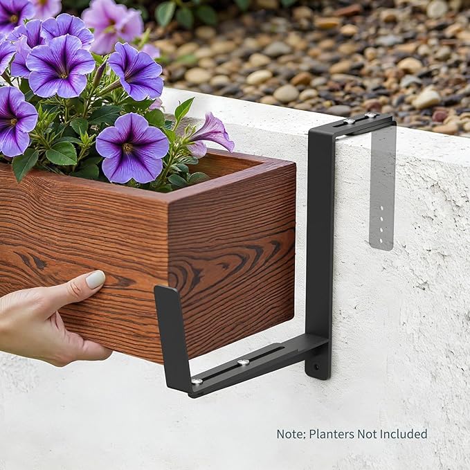 Window Box Brackets, Adjustable Planter Box Brackets, Heavy Duty Iron Flower Box Brackets for Railings, with Enhanced Bottom Support - Perfect for Balconies, Fences, and Gardens (Black, 2 Pack)