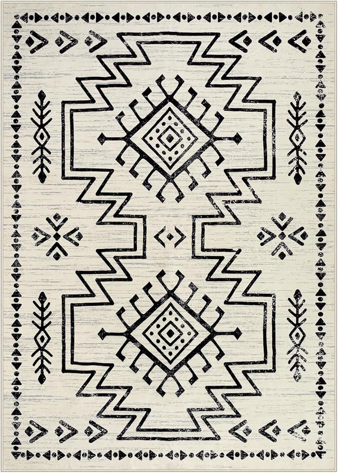 Lahome 5x7 Moroccan Living Room Rug, Western Washable Area Rugs for Bedroom | Boho Soft Low Pile Non Shedding Distressed Aztec Dining Room Carpet for Office Home Decor (Ivory)