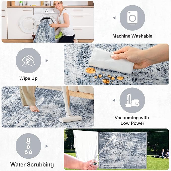 PLHXFR 6x9 Area Rug Living Room: Abstract Washable Carpet Grey Blue | For Bedroom Dining Room Farmhouse Nursery Home,Machine washable,Non Slip,Large Soft Neutral,Stain Resistant, Indoor Floor