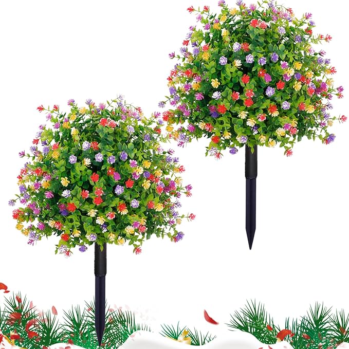 THKFUL Topiary Flower Ball Artificial Outdoor Set of 2,Fake Eucalyptus Boxwood Ball Evergreen Tree with Spike,UV Resistant Faux Shrubs Plants D15.8 for Outdoor Planter,Spring,Porch Decor