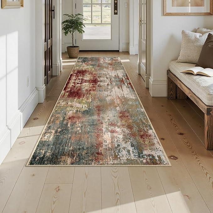 RELEANY Washable Runner 3'x9' Abstract Area Rug for Hallway Rustic Brown | Carpet for Kitchen, Entryway, Bathroom, Living Room, Bedroom, Printed Pattern, Non‑Slip, Soft, Stain‑Resistant, Easy to Clean
