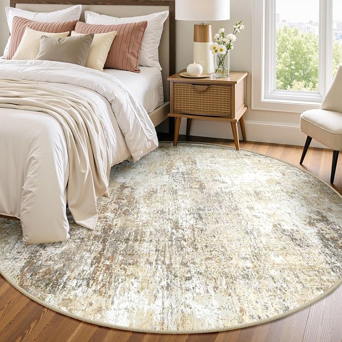 RELEANY Washable Round 6ft Area Rug for Living Room Neutral Brown | Carpet for Bedroom, Kitchen, Office, Hallway and Entryway, Printed Pattern, Non‑Slip, Soft, Stain‑Resistant, Easy to Clean