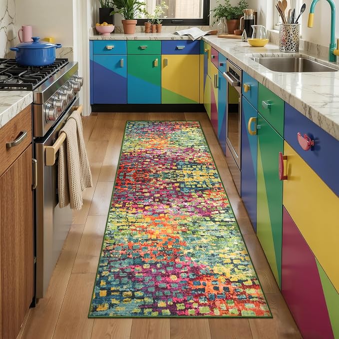 Tangsoo Colorful Abstract 3x7 Washable Runner Rug for Hallway Non Slip Fun | Modern Funky Soft Low Pile 7ft Runner Rug, Contemporary Carpet Runners for Kitchen Bedroom Entryway Living Room Home Decor