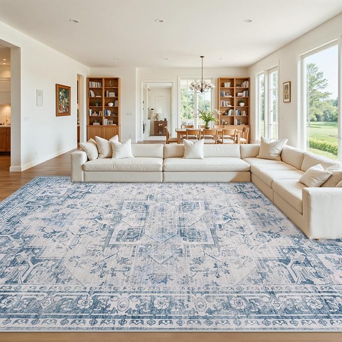 9x12 Washable Area Rugs for Living Room Blue Grey Non-Slip Rug | Vintage Medallion Rug，Soft Low Pile Large Rugs，Indoor Retro Carpet for Bedroom Nursery Dining Table Farmhouse Home Office