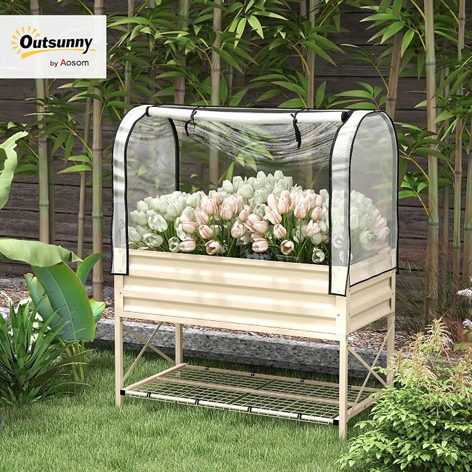 Outsunny Raised Garden Bed with Cover and Storage Shelf, Rectangular Metal Elevated Planter Box with Legs and Bed Liner for Vegetables, Flowers, Herbs, Cream