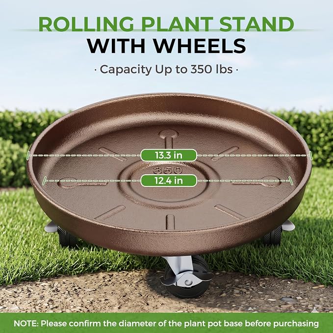 Plant Saucer 13" Rolling Plant Caddy Rolling Plant Stand with Wheels – Heavy Duty Metal, Locking, Sturdy, Rust-Resistant Finish, and Easy to Move, 350 lb Capacity