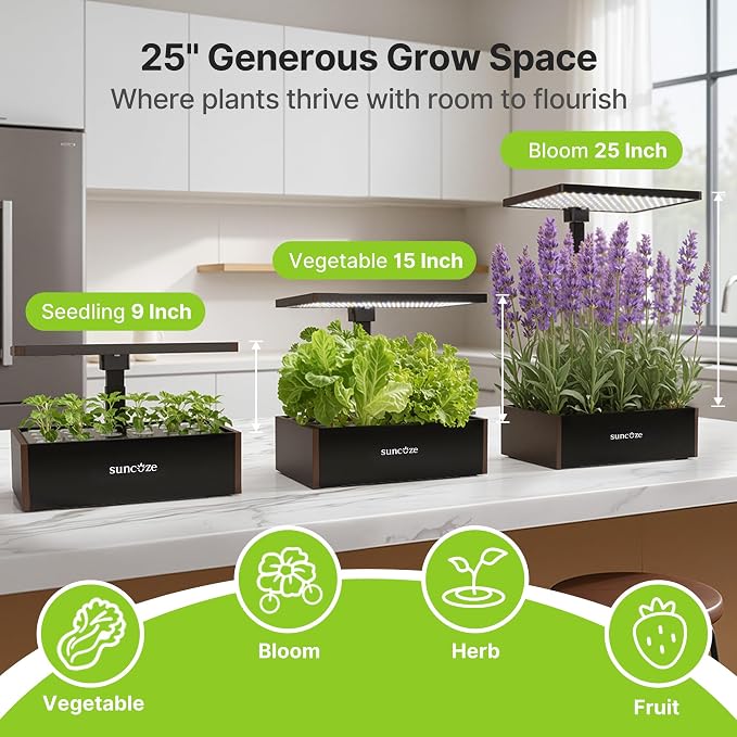 SUNCOZE Hydroponics Growing System 20 Pods, 25" Adjustable Height, 10L Tank | Indoor Garden with 30W Dimmable LED Grow Light, Water & Nutrient Reminder, Quiet Circulation Pump, Black&Brown