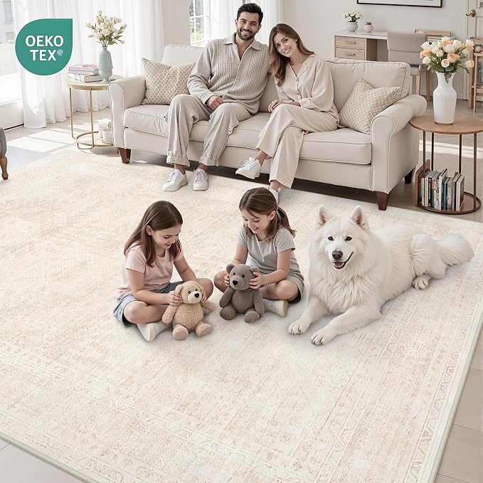 4x6 Area Rugs Living Room: Bedroom Neutral Washable Carpet Beige | Large Vintage Boho Indoor Decor Carpets Soft Nursery Farmhouse Dining Room Office Floor Non-Slip Low Pile Under Table Rug