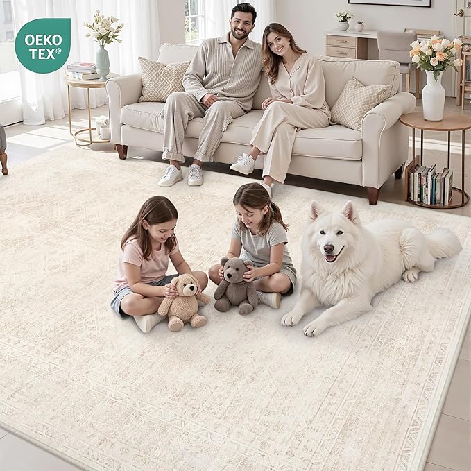 6x9 Area Rugs Living Room: Bedroom Neutral Washable Carpet Beige | Large Vintage Boho Indoor Decor Carpets Soft Nursery Farmhouse Dining Room Office Floor Non-Slip Low Pile Under Table Rug