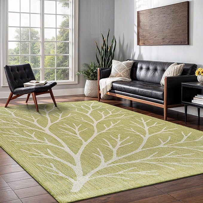 Washable Indoor Outdoor Rug 10x14 Modern Area Rugs Branch Pattern Non Shedding Waterproof Easy Clean Patio Deck Porch Living Room Bedroom Garden RV (10 X 14 Olive)