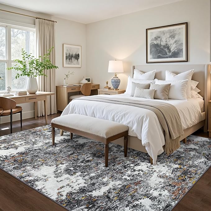 Tosuoka 9x12 Area Rugs for Living Room Abstract Washable Gray Multi Rug | With Anti-Slip Backing，Non-Shedding，Stain-Resistant，Soft Modern Large Carpet for Bedroom Dining Room Farmhouse Nursery