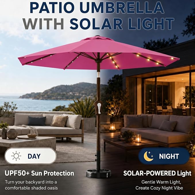 10FT Solar Patio Umbrella with Lights, Outdoor Table Market Umbrella with 32 LED Lights, 8 Sturdy Ribs, Push Button Tilt and Crank for Pool, Deck and Garden, UV-Resistant