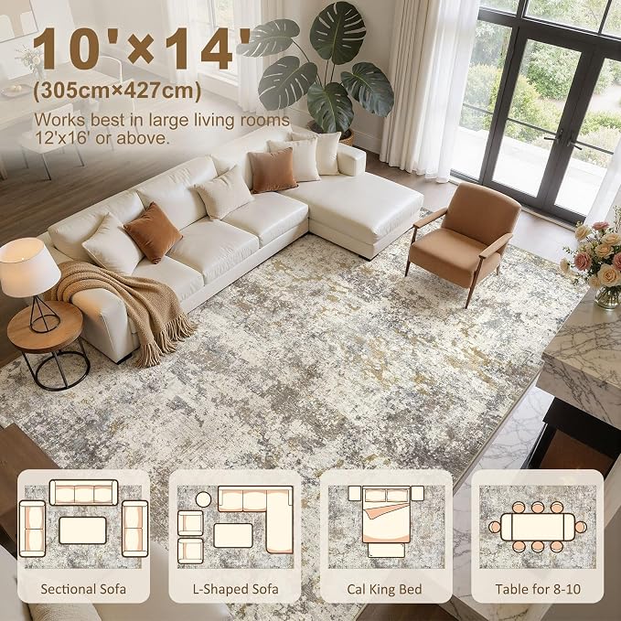kakania Washable 10x14 Area Rug for Living Room: Abstract Modern Home Decor | Soft Stain Resistant, Low-Pile, Non-Slip, Pet & Kid Friendly, Thin Rug for Bedroom/Dining Room/Kids Dorm - Brown Gold