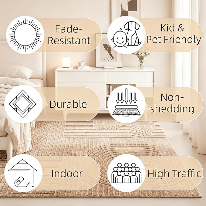 Camel Boho 8x10 Solid Color Area Rugs, Washable Living Room Rug | Ultra Soft Plush High-Low Pile Carpet, Fluffy, Non-Slip Durable Rugs for Bedroom, Kids Room, Nursery, Apartment, Home Office