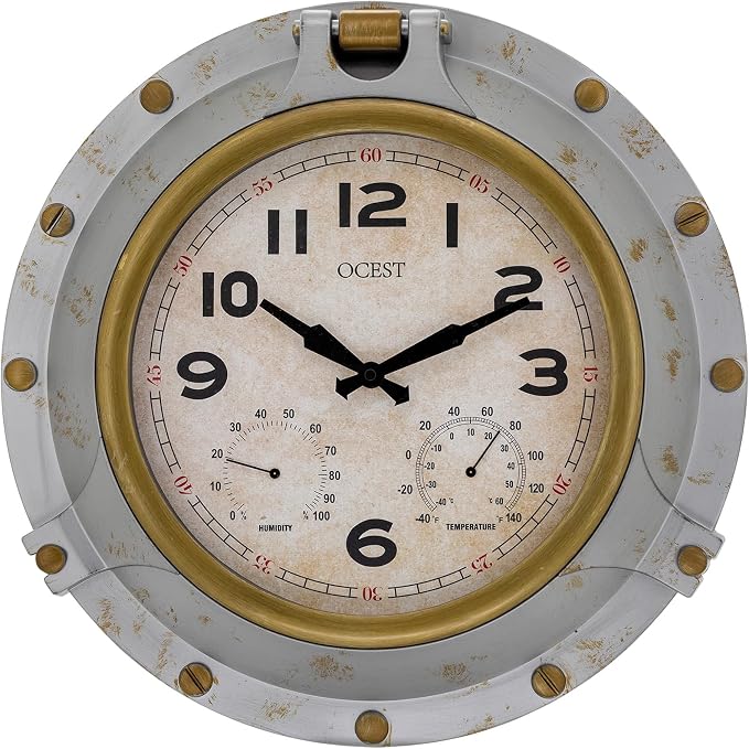 OCEST 18 Inch Outdoor Wall Clock with Thermometer and Hygrometer, Lightweight Waterproof Silent Clock with Large Easy-to-Read Numbers for Patio, Garden & Porch, Vintage Style