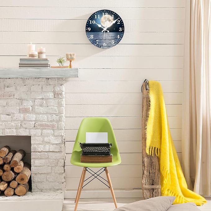 Wall Clocks Battery Operated, Full Moon Over The Sea Silent Non Ticking Decorative Indoor Outdoor Wall Clocks for Living Room Kitchen Bedroom Bathroom 12"