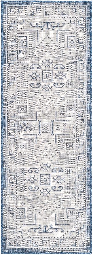 Unique Loom Outdoor Aztec Collection Area Rug - Coba (2' x 6' 1" Runner, Blue/ Ivory)