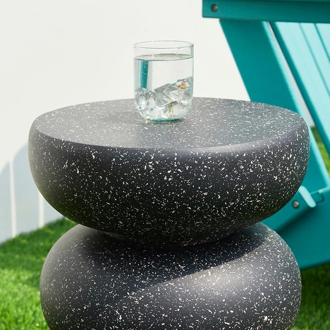 Glitzhome Outdoor Side Table Set of 2, 18" H Decorative Garden Stool MgO Faux Terrazzo End Table, Heavy Duty Indoor Outdoor Round Planter Stand for Living Room Bedroom Patio Deck Poolside,Black