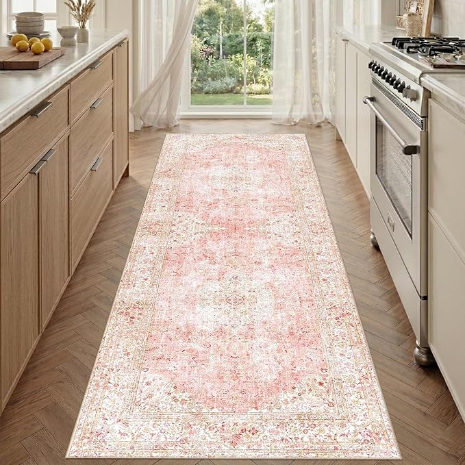 Latte&Fog 2.6x8 Washable Hallway Runner Pink Rug for Kitchen Non Slip | Low Pile Soft Cute Throw Rug Doormat for Entrance Bathroom Laundry Bedside Bedroom Nursery Playroom Hallyway Dorm Office