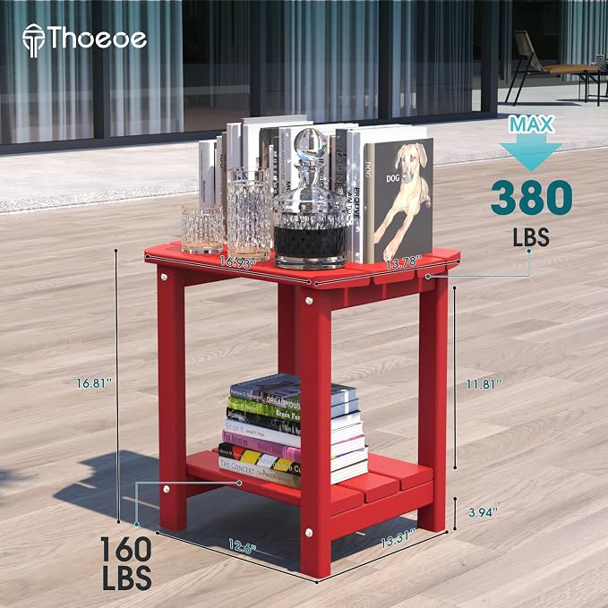 THOEOE Adirondack Outdoor Side Table, 2-Tier Sturdy Patio End Table Weather Resistant, Morden Side Table for Patio, Pool, Porch, Red