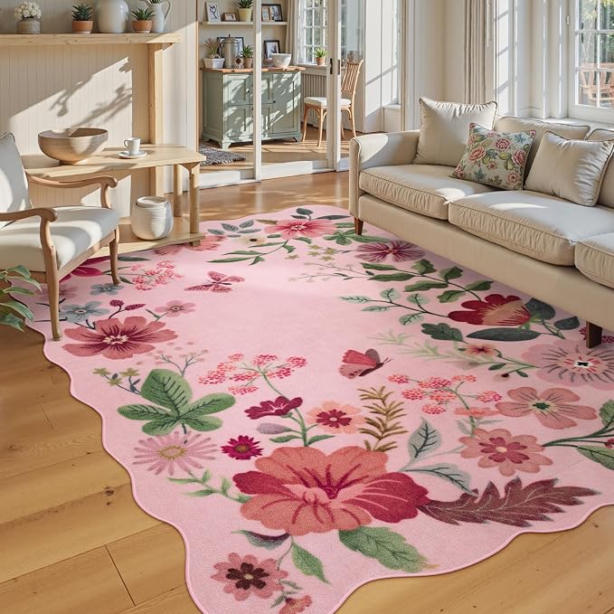 Lahome Floral Living Room Rugs, Washable Pink Area Rugs 5x7 Rug for Bedroom | Ultra-Thin Soft Rug Non-Slip Washable Rugs Throw Boho Rug for Nursery Playroom Classroom Flore (5x7ft, Pink)