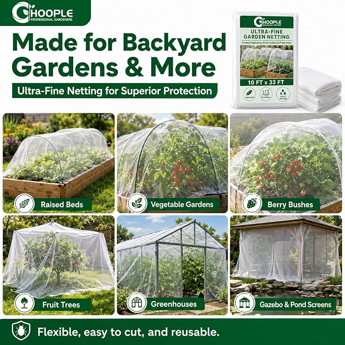 HOOPLE Garden Netting 10 FT x 33 FT, Ultra-Fine Mesh Plant Cover, Bug Netting for Garden, Insect Pest Barrier Row Cover for Vegetables, Fruits & Flowers, Lightweight Breathable Garden Mesh Netting