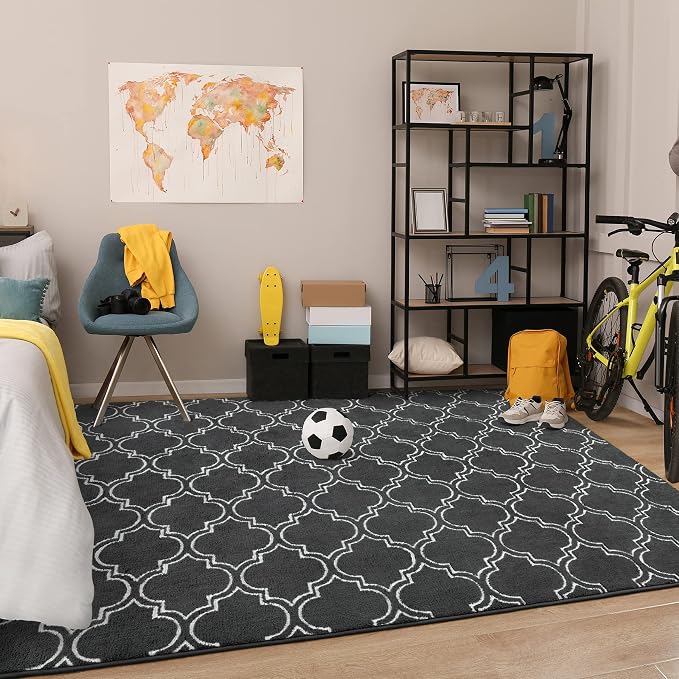 Chicrug 7x10 Shag Geometric Modern Area Rug for Bedroom Living Room | Memory Foam Indoor Carpet, Fluffy Rug for Bedside Room for Family Girls Kids Play Mat, Dark Grey and White